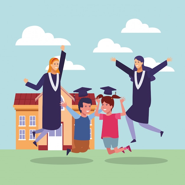 A diverse group of students, including a single parent with a child, celebrating their graduation together, throwing their caps in the air with joyful expressions.