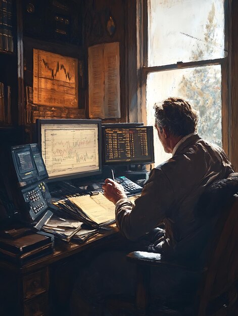 A person sitting at a desk, surrounded by multiple monitors displaying cryptocurrency charts, news articles, and research papers. The person is focused and appears to be deeply involved in analyzing data. The image symbolizes the importance of research and due diligence in cryptocurrency investing.