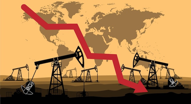 An illustration showing arrows pointing in opposite directions, representing global supply and demand forces impacting the price of crude oil, with icons of oil rigs and factories in the background.