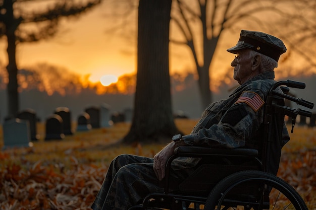 A veteran using a wheelchair accessing a home with a ramp, symbolizing accessibility and independence, with a bright and welcoming atmosphere.
