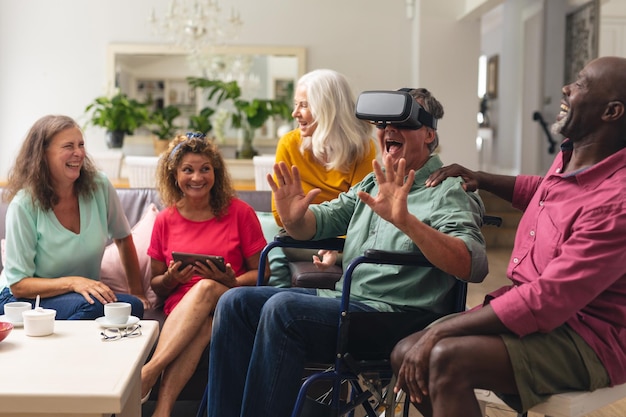 A diverse group of people with various disabilities using different types of assistive technology, like wheelchairs, screen readers, and hearing aids, to perform daily tasks.