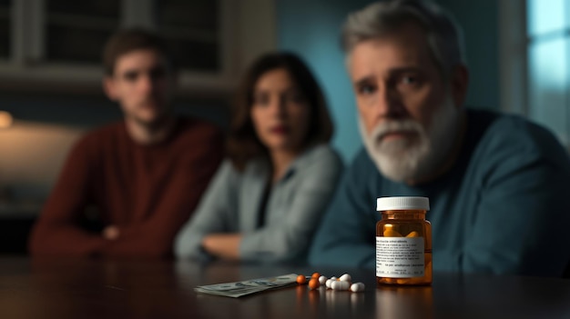 A split image showing a family struggling to pay bills on one side and a person unable to afford prescription medication on the other.