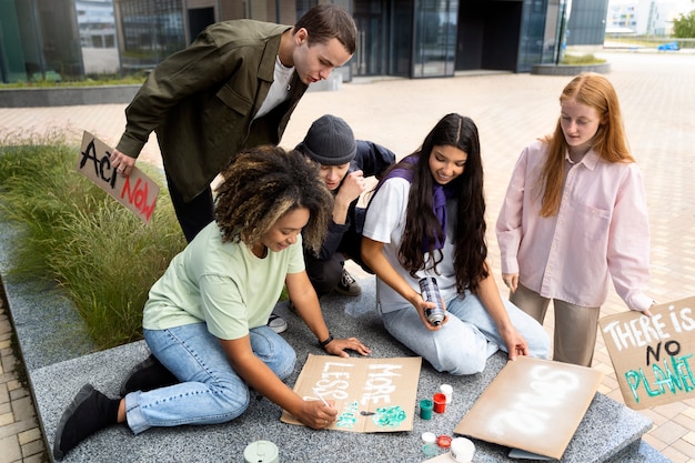 A diverse group of college students working together in a campus office, illustrating the collaborative nature of many work-study jobs and the variety of roles available.