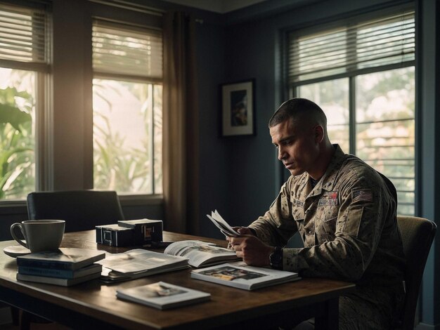 An active-duty service member studying at a desk with books and a tablet, in a well-lit room, symbolizing the pursuit of education through tuition assistance programs while serving in the military.