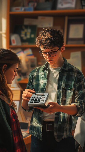 A student comparison shopping for textbooks, looking at prices online and in a physical bookstore, with a calculator in hand.