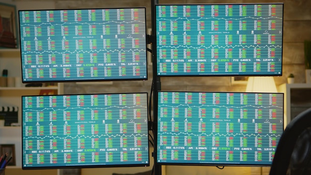 A digital display showing various market indices, stock tickers, and economic data, with arrows pointing both upward and downward, symbolizing market volatility and fluctuations. A person is partially visible in the background, analyzing the data on the screen. The image emphasizes the complex nature of financial markets.