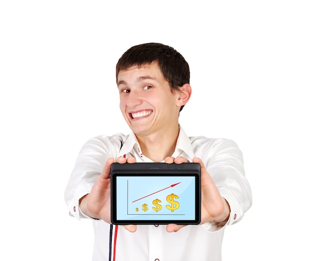 A young investor using a tablet to analyze stock charts and financial data, smiling confidently, representing the potential rewards of investing in growth stocks.