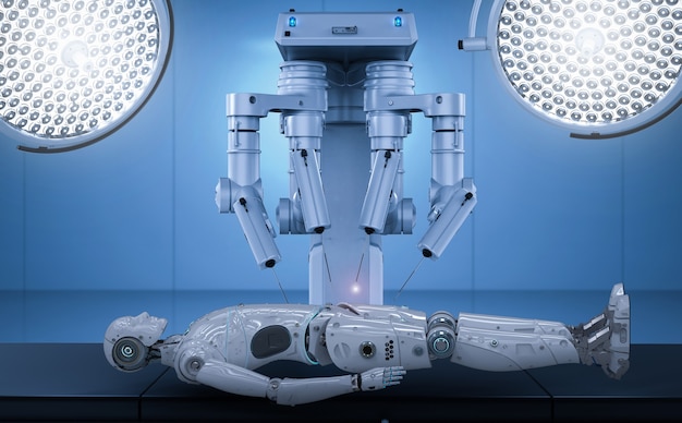 A futuristic image of AI-powered robots assisting in surgery, symbolizing the advancements and integration of artificial intelligence in healthcare.