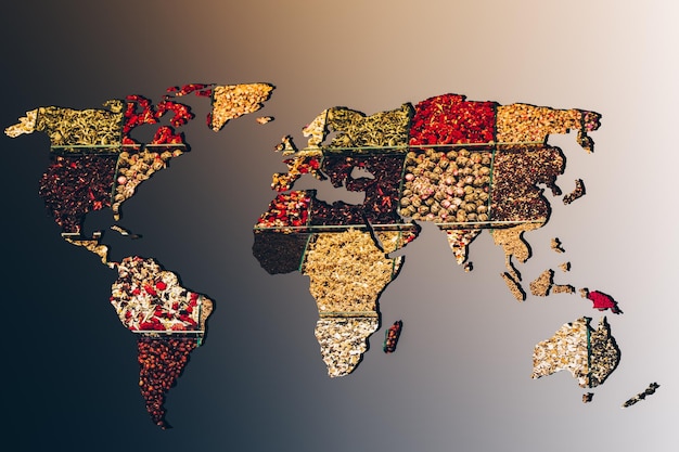 A world map highlighting the major countries that produce and export key commodities like oil, gold, and agricultural products.