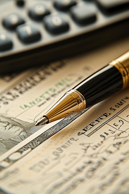 A close-up shot of a hand holding a U.S. tax form with a pen, surrounded by financial documents and a calculator. The focus is on the act of preparing taxes with a sense of diligence.