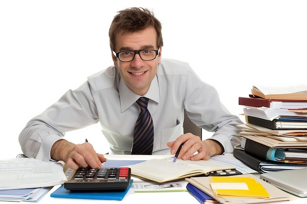 An accountant sitting at a desk, surrounded by piles of financial documents and a calculator, with a focused expression. The scene should convey expertise and diligence in handling complex tax matters.